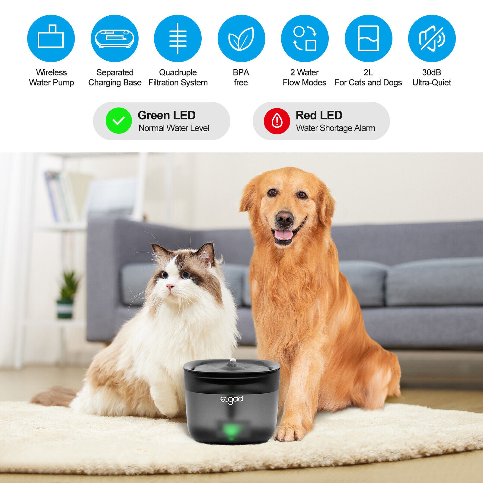 EUGAD 2L Wireless Cat Water Fountain with LED Pump