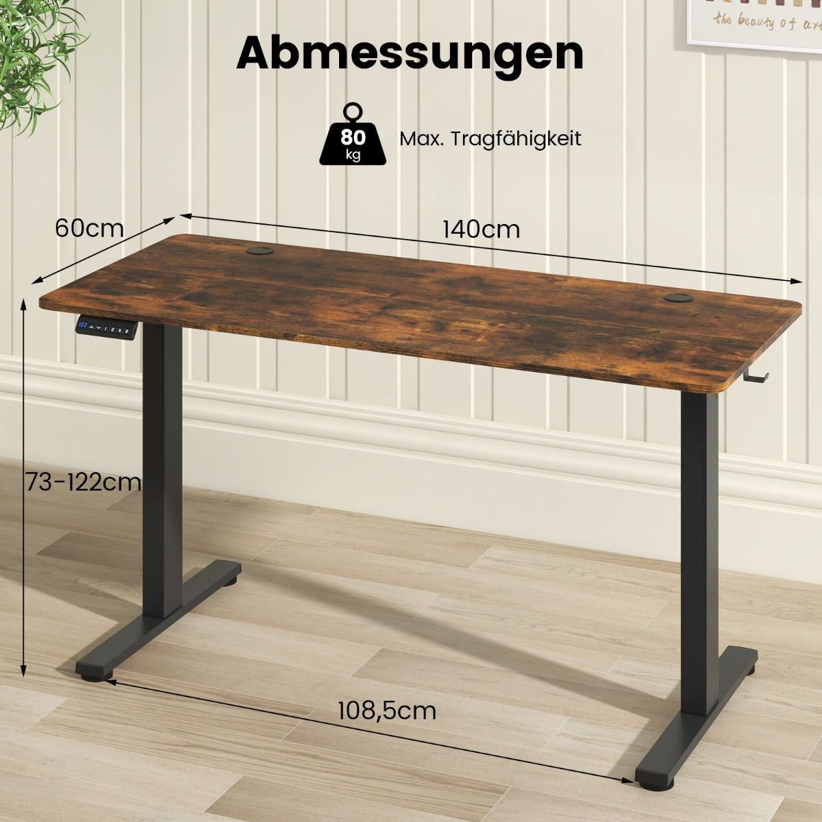 Höhenverstellbarer Schreibtisch 140 X 60 Cm Elektrischer Stehschreibtisch Rustikales Braun + Schwarz